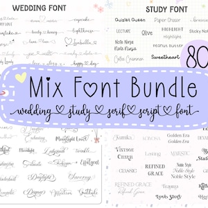 Può includere: Grafica digitale che mostra un pacchetto di font misti con oltre 80 font. I font sono classificati come matrimonio, studio, serif e script. L'immagine include esempi di ogni stile di font, con le parole "Mix Font Bundle" ben in vista.