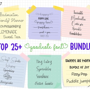 May include: A selection of colourful sticky notes with handwritten text. The notes feature various words and phrases in different fonts, including "Puppy Love," "Sunshine," and "Bundle of Joy." The words are in black, purple, and green.