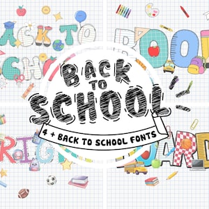 4+ School Doodle Font Bundle, Back to School Doodle Font, Groovy School Font, Pencil Paper Scale Apple Doodle Alphabet, Doodle Letters Png