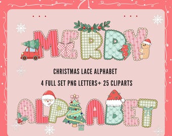 Preppy Christmas Font, Coquette Christmas Alphabet Lace PNG Font Set, Preppy Font for Sublimation Girly Crafts, Coquette Bubble Letters