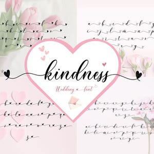 Può includere: Un grafico dell'alfabeto di font con la parola "kindness" in uno script corsivo con un design a forma di cuore. Il font è descritto come un "font da matrimonio".