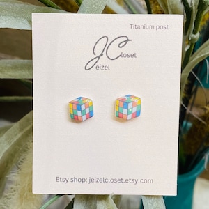 Rubik's Cube Stud Earrings: Handmade Titanium Posts
