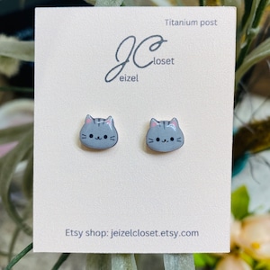 Cat stud earrings titanium hypoallergenic for sensitive ears kids gift idea cat lover gift for girlfriend valentines gift spring style