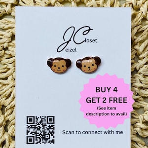 Handmade Monkey Stud Earrings, Titanium Posts, Hypoallergenic