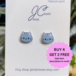 Gray Cat Stud Earrings: Hypoallergenic Titanium Posts, Gift for Kids
