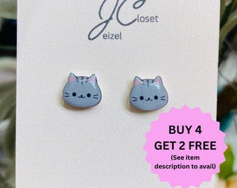 Gray Cat Stud Earrings: Hypoallergenic Titanium Posts, Gift for Kids