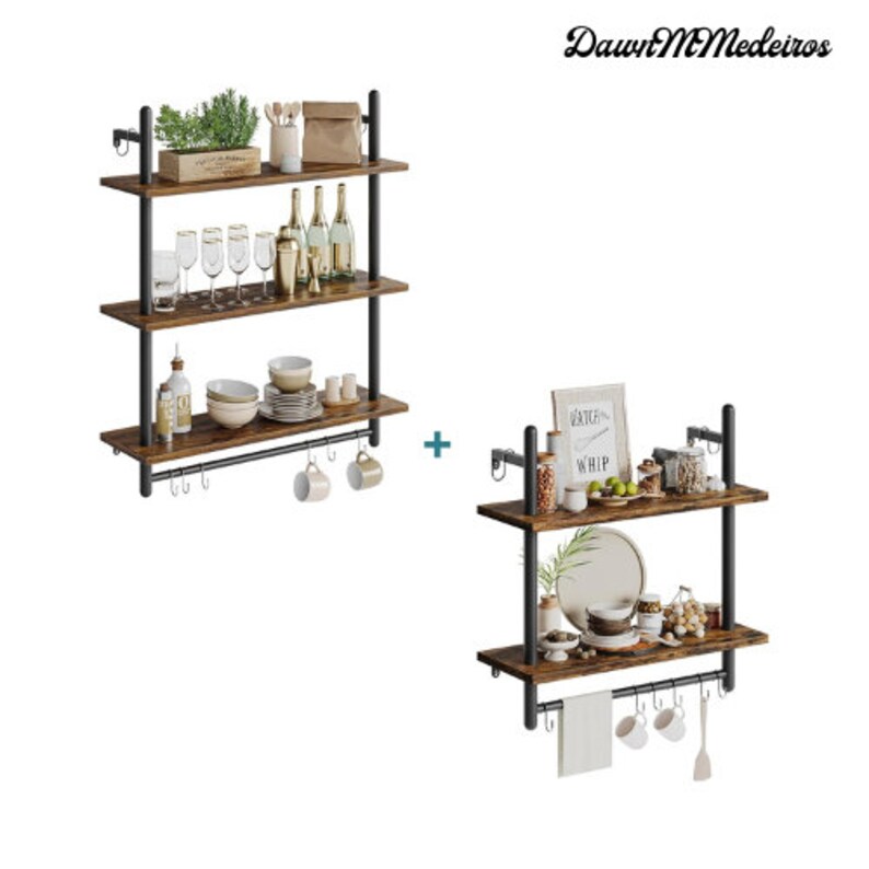 Rustic Brown Floating Shleves Wall Mounted Kitchen Shelves, Storage Hanging Shelves With Towel