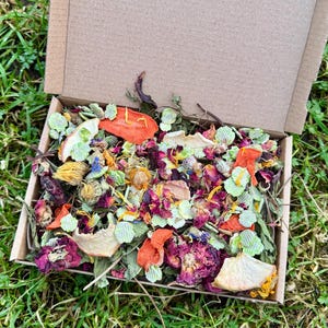 Op de afbeelding: Een open kartonnen doos gevuld met een kleurrijke mix van gedroogde bloemen, kruiden en groenten. De inhoud omvat gedroogde rozenblaadjes, oranje wortelschijfjes en groene kruiden. De doos staat op groen gras.