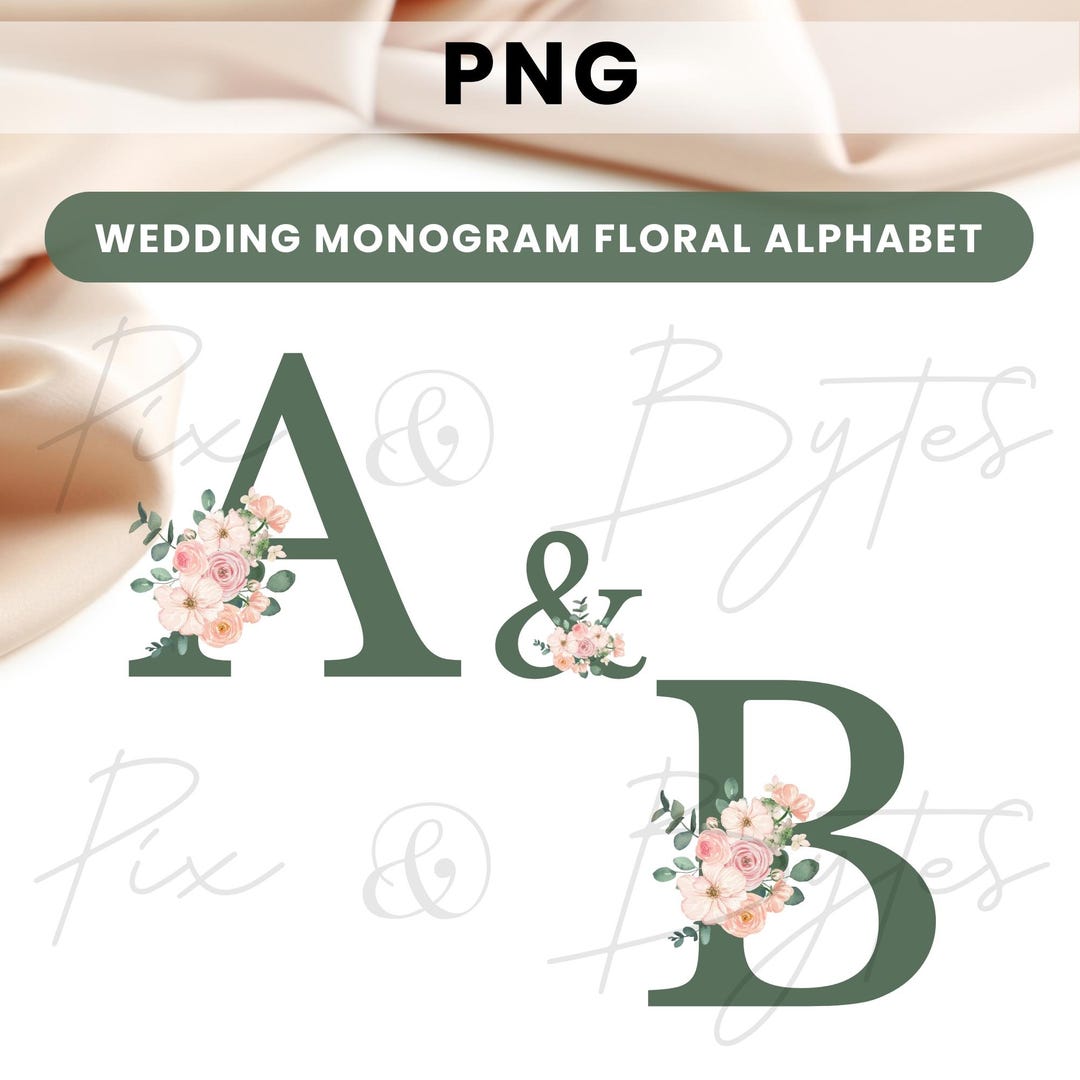 Floral Wedding Monogram Alphabets, Sage Green Decorative A-Z PNG Bundle ...