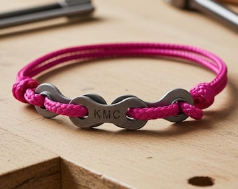 Braccialetto rosa con catena per bicicletta riciclata: Paracord rPET - Fatto a mano nei Paesi Bassi