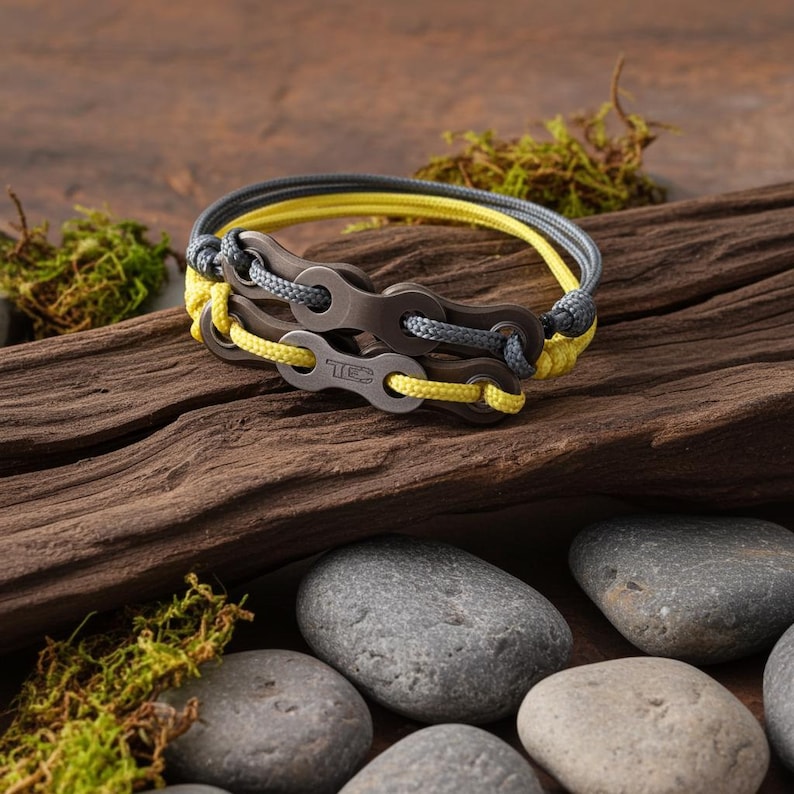 Op de afbeelding: Een armband met een kettinglink-ontwerp, met grijze en gele touwaccenten. De metalen schakels zijn donkergrijs en het touw is een combinatie van grijs en helder geel. De armband wordt gepresenteerd op een stuk hout met mos en stenen.