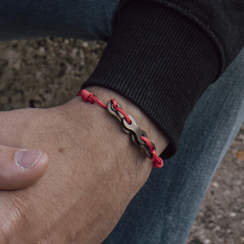 Recycled Bracelet Red Bicycle Chain by Chainium rPET cord Surf Cord