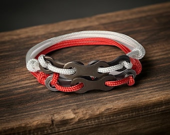Braccialetto sostenibile fatto a mano con cordino in rPET, stile industriale, in bianco e rosso