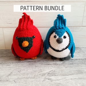 May include: A crochet pattern bundle featuring a red cardinal and a blue jay. The pattern includes instructions for making both birds.
