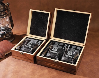 Set di bicchieri da whisky personalizzati con scatola di legno, regalo dei testimoni dello sposo, bicchiere da whisky rock, set di pietre da whisky personalizzato, regalo per la festa del papà