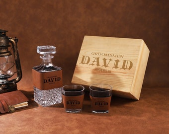 Set decanter personalizzato con scatola di legno, regalo dei testimoni dello sposo, amante del whisky, regalo personalizzato per lui, set di whisky avvolto in pelle, regalo per la festa del papà