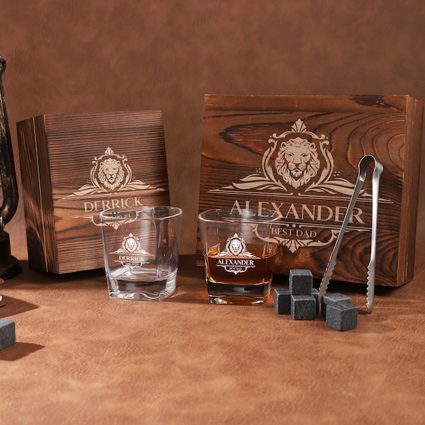 Personlized Whiskey Glass Set with Wooden Box, Groomsmen Gift, Whiskey Rock Glass, Personalized Whiskey Stone Set, Father's Day Gift