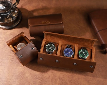 Caja de reloj de cuero marrón personalizada, caja de reloj personalizada, rollo de reloj de viaje, rollo de reloj de cuero PU para 3 relojes, regalo del día del padre, regalo para hombres