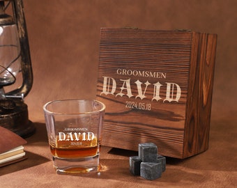 Gepersonaliseerde Whiskey Glass Set met Houten Doos, Groomsmen Gift, Whiskey Rock Glass, Gepersonaliseerde Whiskey Stone Set, Vaderdag Cadeau