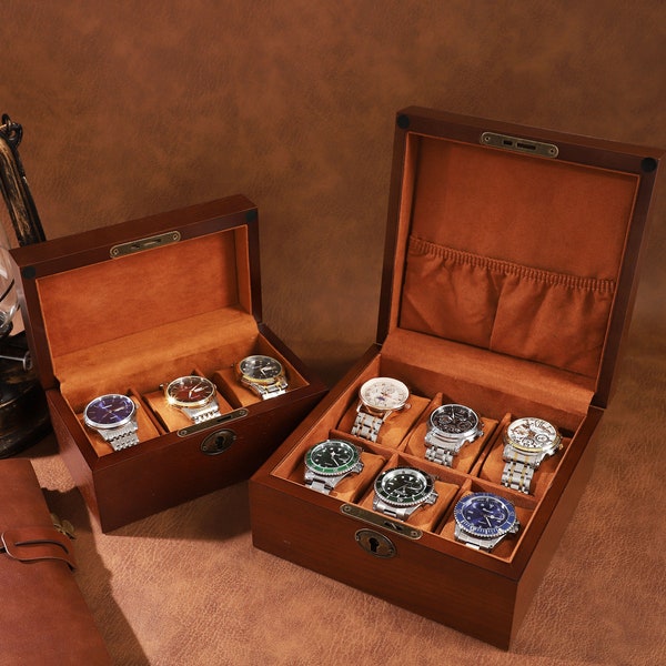 Custom Engrave Wooden Watch Box, Watch Box for Men, Groomsmen Gifts, Watch Box with Lock & Key, Watch Storage Case, Father's Day Gift