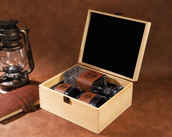 Set decanter personalizzato con scatola di legno, regalo dei testimoni dello sposo, amante del whisky, regalo personalizzato per lui, set di whisky avvolto in pelle, regalo per la festa del papà