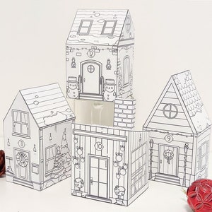 Kit per realizzare casette di carta natalizie, set di 4 casette di carta a tema natalizio, pagine da ritagliare e colorare, disegni divertenti e lavoretti per bambini