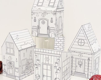 Kit para hacer casas de papel navideñas, juego de 4 casas de papel con temática navideña, páginas para recortar y colorear, dibujos divertidos y manualidades para niños