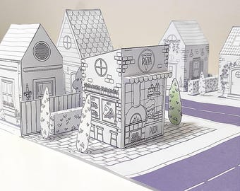 Afdrukbare papieren stadsknutselset | DIY 3D-ministadje voor kinderen | Direct downloaden
