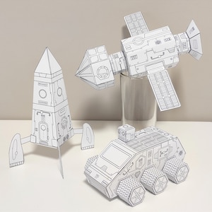 Kit per realizzare giocattoli di carta a forma di razzo, stazione spaziale e rover su Marte, set n. 4 "Space Explorer", pagine da ritagliare e colorare, disegni e lavoretti per bambini.