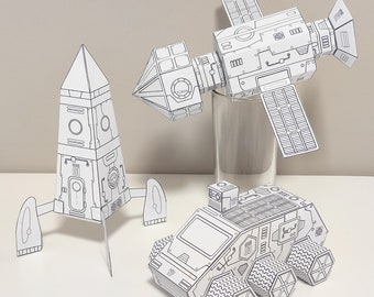 Kit para hacer juguetes de papel de cohete, estación espacial y rover de Marte, set n.º 4 &quot;Explorador espacial&quot;, páginas para recortar y colorear, dibujos y manualidades para niños.