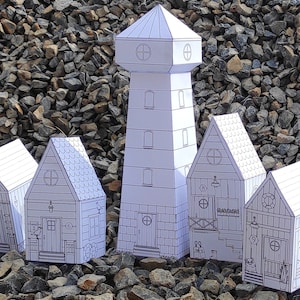 Papierspielzeug Hausbau Kit, Set 3 Leuchtturm und Beach Cottage, Ausschneideseiten zum Ausschneiden, Ausmalen und Basteln für Kinder, zum sofortigen Download