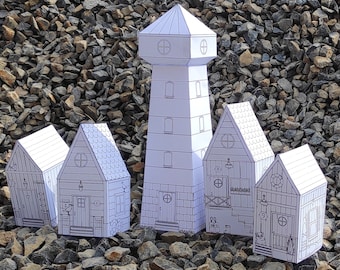 Kit para hacer casas de papel, set 3 Faro y Cabaña en la Playa, páginas para recortar y colorear, dibujos y manualidades divertidas para niños, descarga instantánea