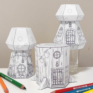 Kit para hacer casas de papel con forma de elfo, casas de elfo, casa de elfo con forma de hongo, páginas para recortar y colorear, dibujos y manualidades divertidos para niños, descargas instantáneas