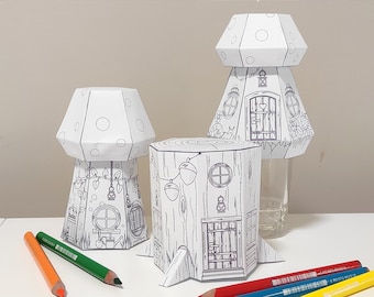 Kit para hacer casas de papel con forma de elfo, casas de elfo, casa de elfo con forma de hongo, páginas para recortar y colorear, dibujos y manualidades divertidos para niños, descargas instantáneas