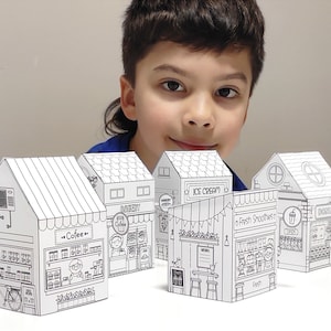 Kit di artigianato per case giocattolo di carta, set numero 2 Negozio e bancarelle di cibo, pagine da tagliare e colorare, disegni divertenti e artigianato per bambini, download immediati