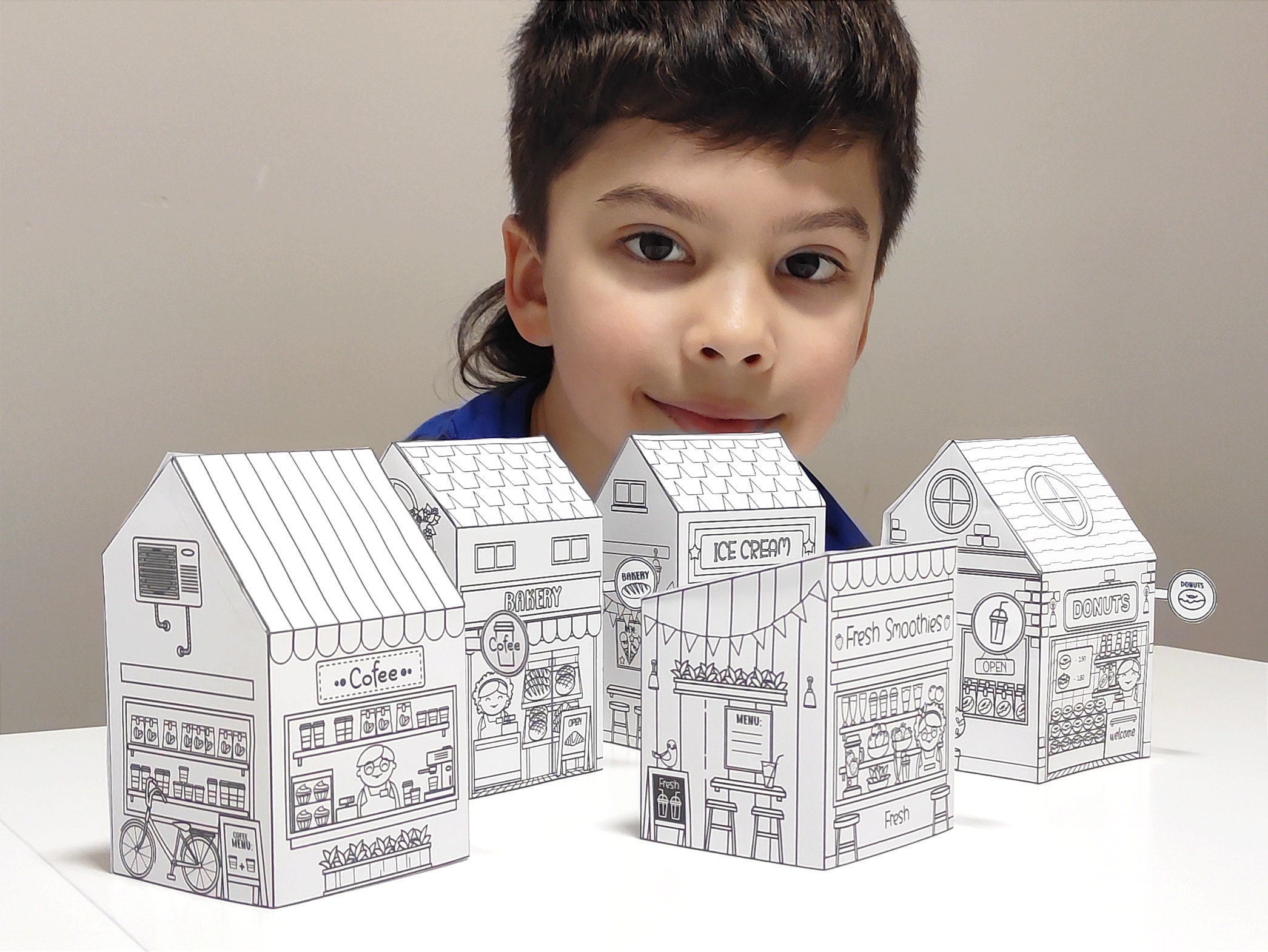 Kit de manualidades de casas de papel, set número 2, puestos de comida y tiendas, páginas para recortar y colorear, dibujos y manualidades divertidos para niños, descargas instantáneas