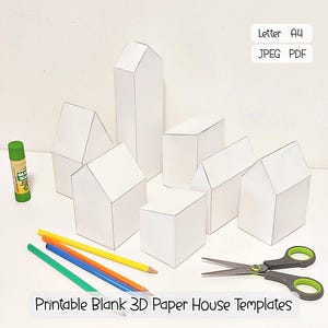 May include: A set of white paper house templates in various shapes and sizes, a green glue stick, three coloured pencils in yellow, orange, and blue, and a pair of scissors with green handles. Text on the image reads Letter A4, JPEG PDF, and Printable Blank 3D Paper House Templates.
