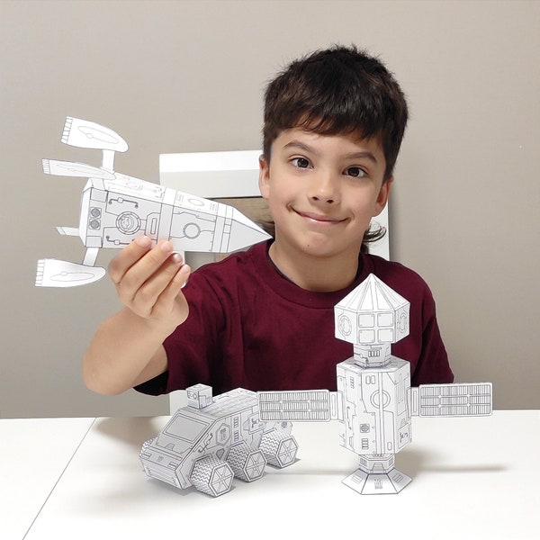 Rocket, Space Station and Mars Rover paper toy making kit, set #4 "Space Explorer", cut and coloring pages, drawings and crafts for kids.