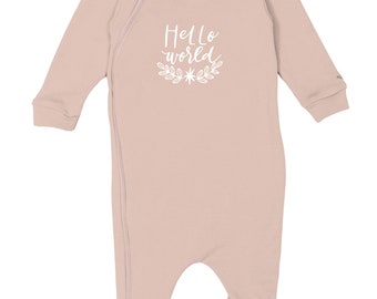 Lubalé | Hello World organic cotton romper with zipper from Portugal in pastel tones: olive, mocha, beige, and white