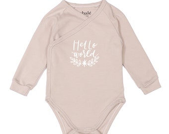 Lubalé | Hello World wrap body organic cotton from Portugal in pastel tones: olive, mocha, beige, and white