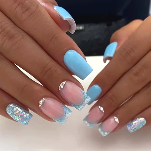 Glossy Blue-Pink Square Press On Nails with Sequin Designs/ FAKE nails / Professional Nails, Free Gift Prep Kit