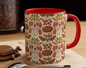 Mushrooms mug. Hand-drawn forest pattern, different types of mushrooms mug. Autumn design mug
