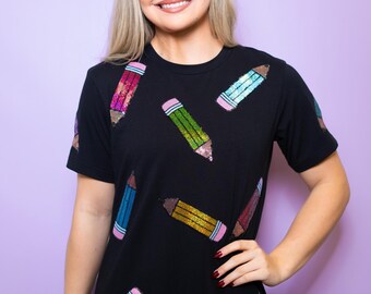 sequin pencil dress teacher Scattered Pencils | Women's Sequin Design Tee Shirt Dress (black)