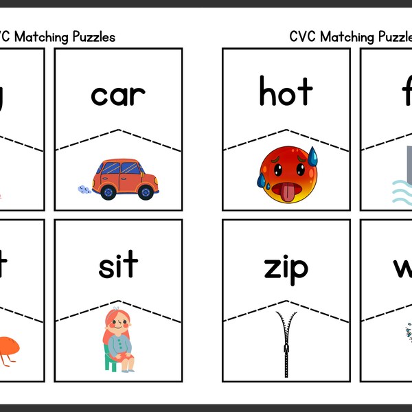 Printable 12 Pages Three-Letter Word Matching Puzzle | Instant Download | Cat, Dog, Ice, Nap, and More