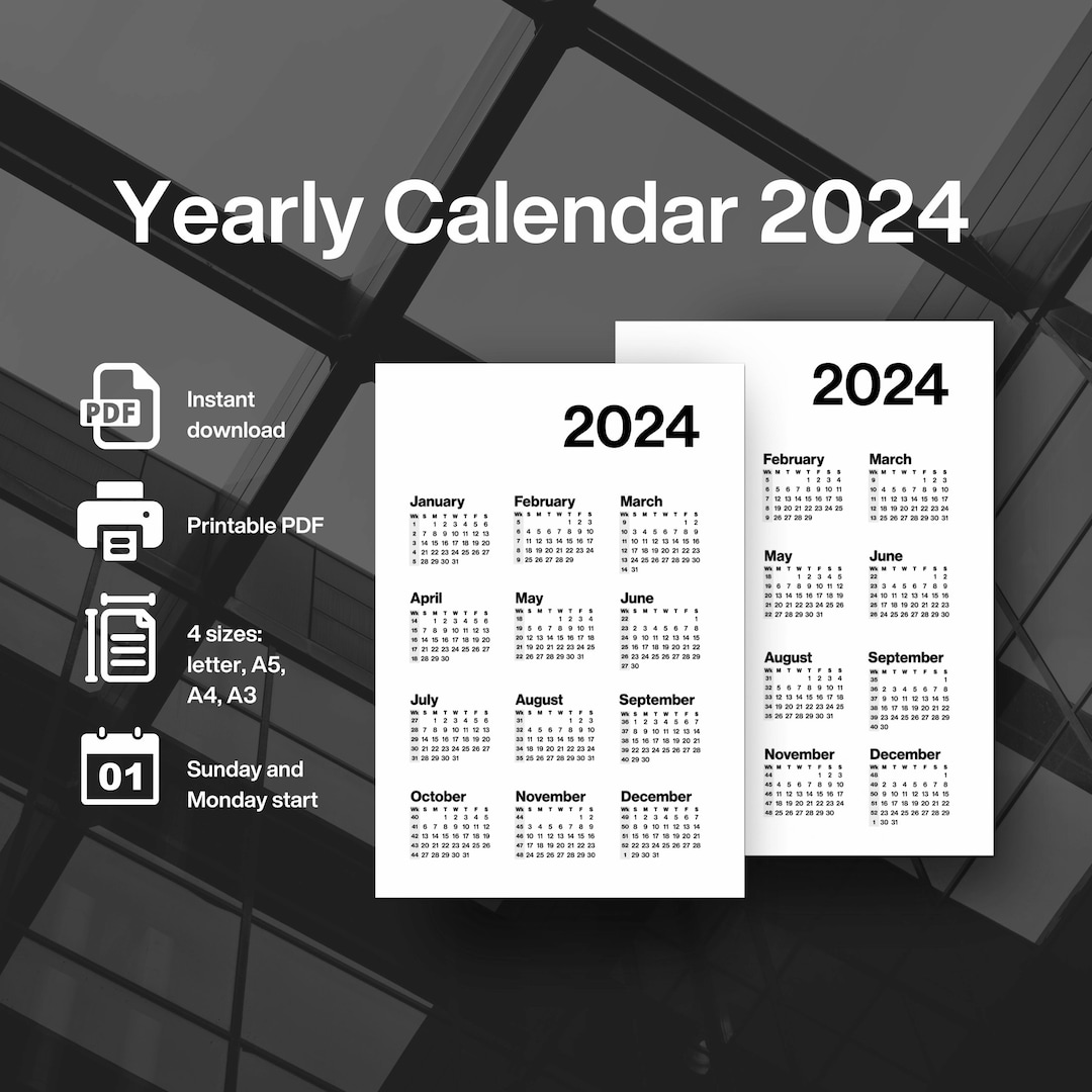 2025 Yearly Calendar Printable With Week Numbers 2025 Wall Etsy