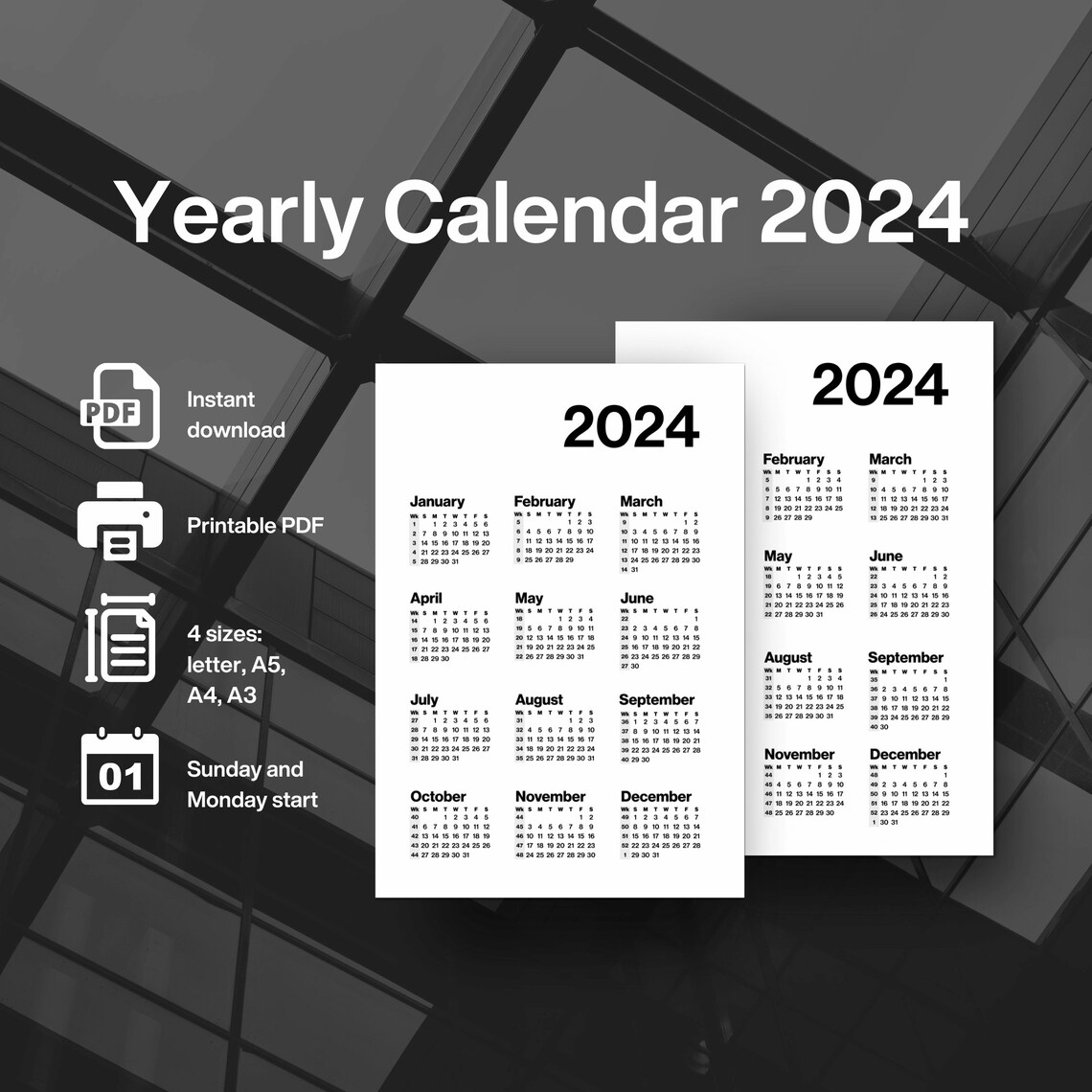 2024 Yearly Calendar Printable With Week Numbers 2024 Wall Etsy