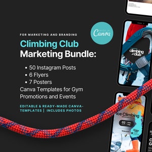 May include: A red and blue rope with a black background. The image includes several phone screens with mockups of social media posts for a climbing club. The text on the phone screens includes "Climbing Club", "Ice Climbing", "Check your Gear", and "Exclusive Bundle".