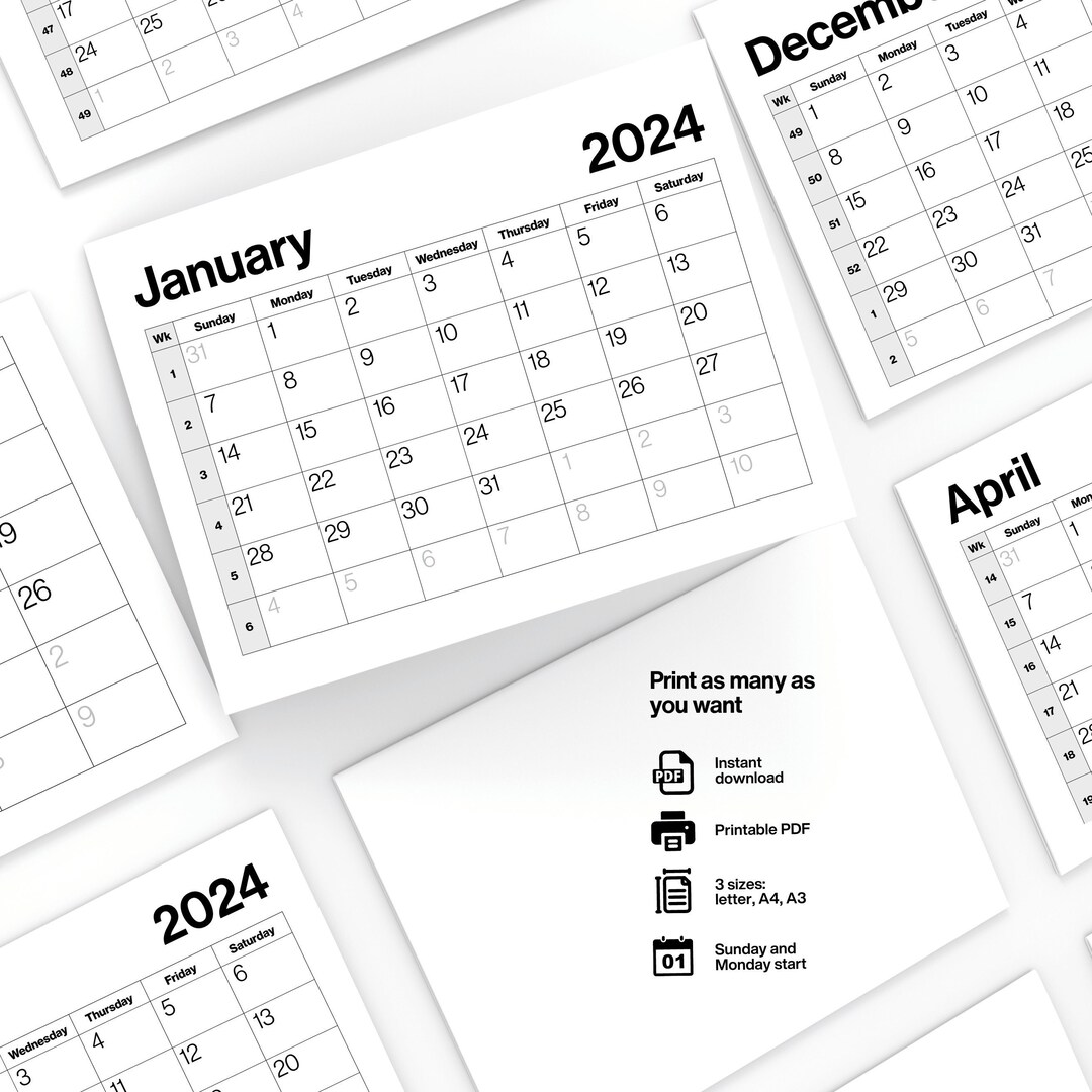 2024 Monthly Calendar Printable Modern Style 3 Sizes Sunday and Monday