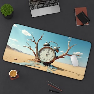 May include: A rectangular desk mat featuring a surreal desert landscape with a melting clock. The clock is silver with a white face and black numbers. A dead tree and blue sky with clouds complete the scene. A white mouse is on the right.