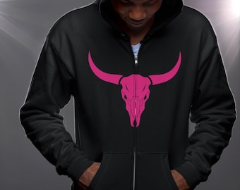 Sudadera con capucha y cremallera con calavera de toro rosa / Gráfico del suroeste
